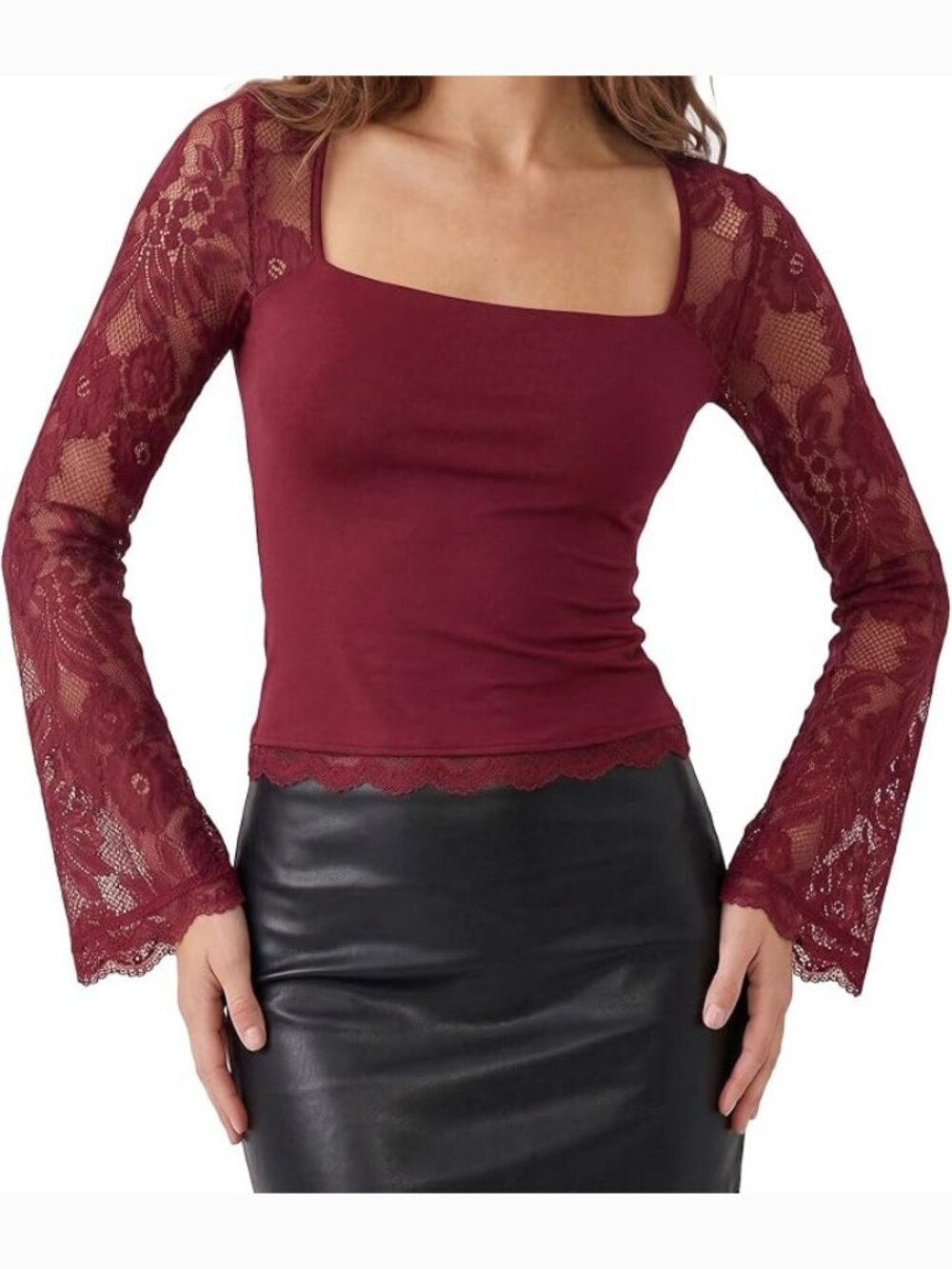 Square Neck Slim Fit Top with Long Floral Mesh Bell Sleeves